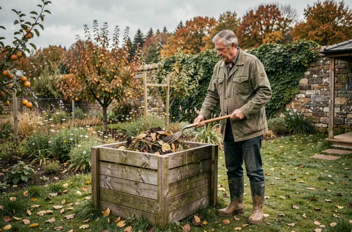 Jardinier retournant le compost dans un bac en bois au milieu d'un jardin en permaculture en automne