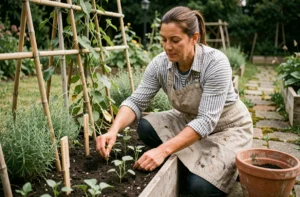 Femme jardinant naturellement en train de repiquer des plants dans un potager surélevé avec des outils écologiques au printemps