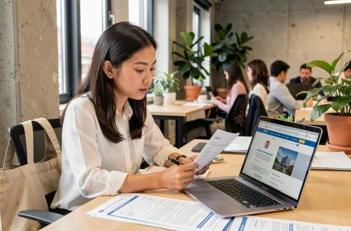 Jeune femme comparant des documents administratifs et le portail ANEF pour annuler une demande de titre de séjour