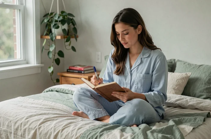 Jeune femme écrivant dans un journal intime assise sur son lit, dans une chambre apaisante, symbolisant la gestion de la solitude et le développement personnel
