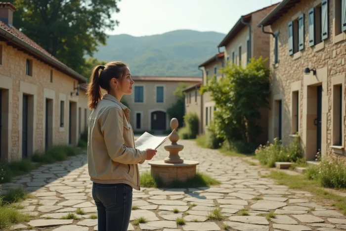 Jeune femme explorant une place de village abandonné avec des maisons vacantes en zone rurale française
