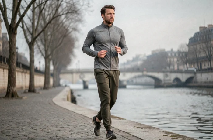 Coureur homme en jogging matinal au bord de la Seine à Paris, tenue de sport grise et ambiance hivernale urbaine