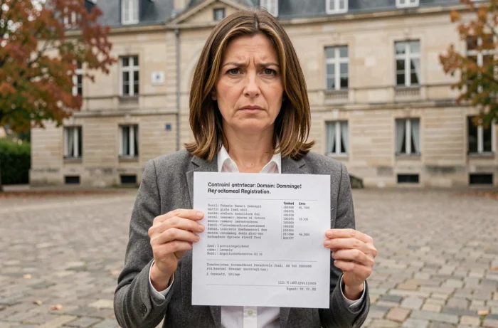 Journaliste tenant un document sur un nom de domaine controversé devant un bâtiment officiel français lors d'une enquête électorale