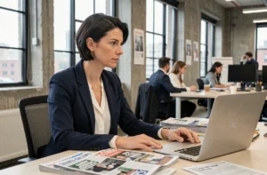 Journaliste femme dans une salle de rédaction moderne consultant les dernières actualités du secteur sur son ordinateur portable