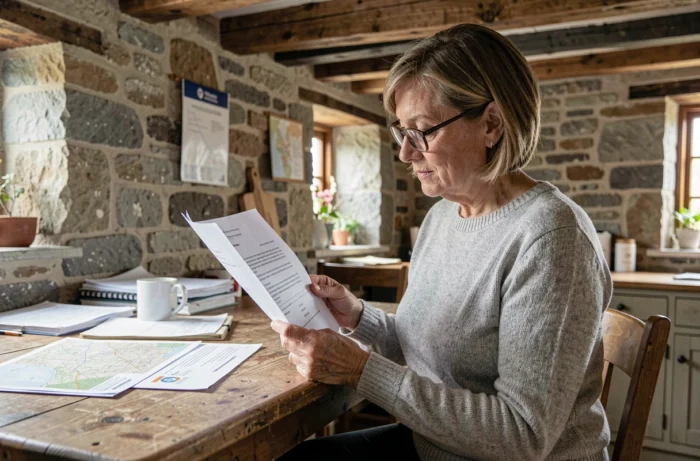 Femme lisant un courrier administratif dans une maison rurale sur terrain agricole non constructible