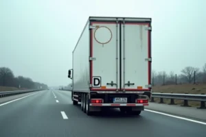 Camion poids lourd stationné sur une aire d'autoroute avec la lettre D visible à l'arrière de la remorque