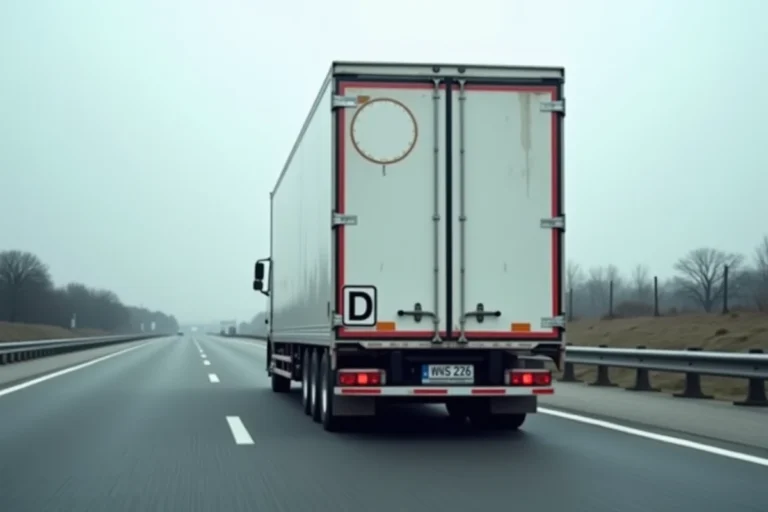 Camion poids lourd stationné sur une aire d'autoroute avec la lettre D visible à l'arrière de la remorque