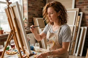 Femme peignant sur une toile dans un atelier de loisirs créatifs fait maison, ambiance chaleureuse et artistique