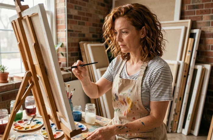 Femme peignant sur une toile dans un atelier de loisirs créatifs fait maison, ambiance chaleureuse et artistique