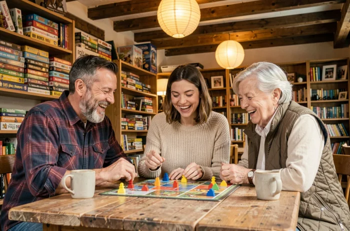 Groupe d'amis jouant à des jeux de société dans un café ludique, moment de convivialité et de loisirs partagés