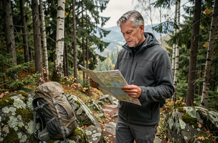 Randonneur consultant une carte topographique sur un sentier forestier, activité de plein air et loisirs nature en toutes saisons