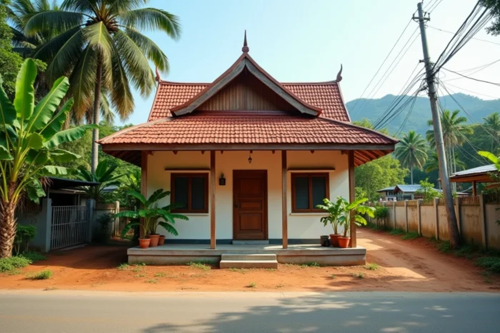 Maison modeste nouvellement construite en Thaïlande rurale avec toit en tuiles et végétation tropicale, exemple de construction à petit budget