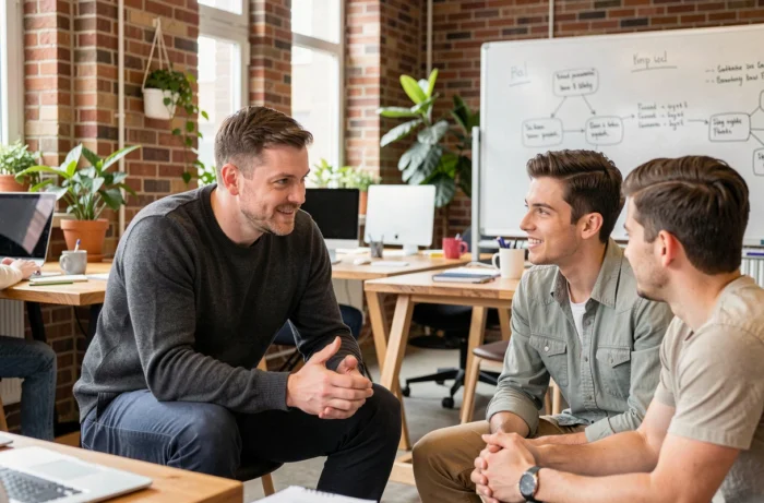 Manager bienveillant en pull gris coaching deux collègues dans un bureau open-space au style startup moderne