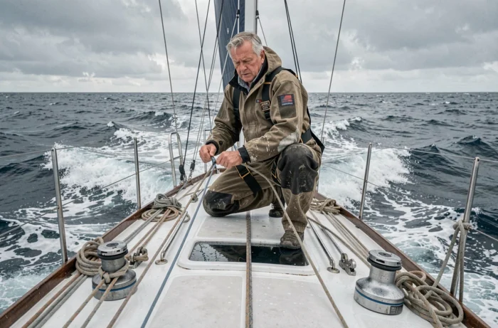 Marin expérimenté effectuant un changement de voile sur le pont d'un voilier de course en plein Atlantique