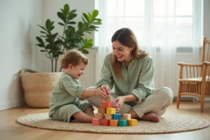 Mère jeune aidant son enfant en bas âge à empiler des cubes en bois dans un salon scandinave lumineux et moderne