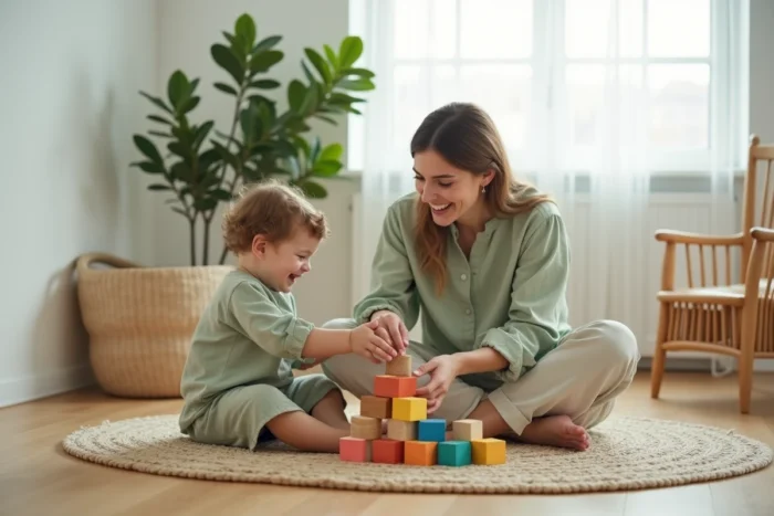 Mère jeune aidant son enfant en bas âge à empiler des cubes en bois dans un salon scandinave lumineux et moderne
