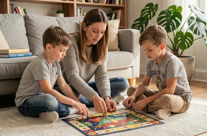 Mère et enfants jouant ensemble à un jeu de société sur le tapis du salon, moment de complicité familiale
