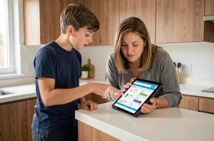 Mère et fils adolescent comparant des forfaits mobiles sur une tablette dans la cuisine