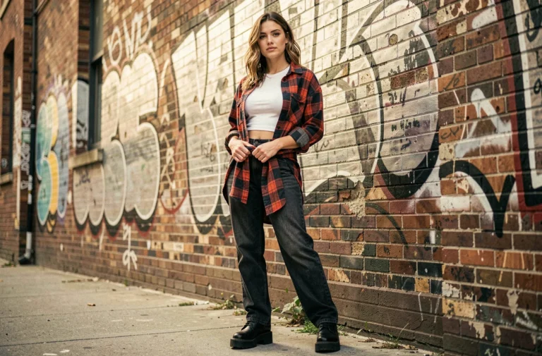 Jeune femme en tenue grunge des années 1990 avec jean taille haute, chemise à carreaux et boots à plateforme dans une ruelle urbaine