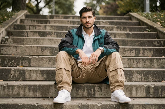 Homme en tenue mode années 1990 avec cargo baggy, coupe-vent teal et sneakers blanches assis sur des marches urbaines