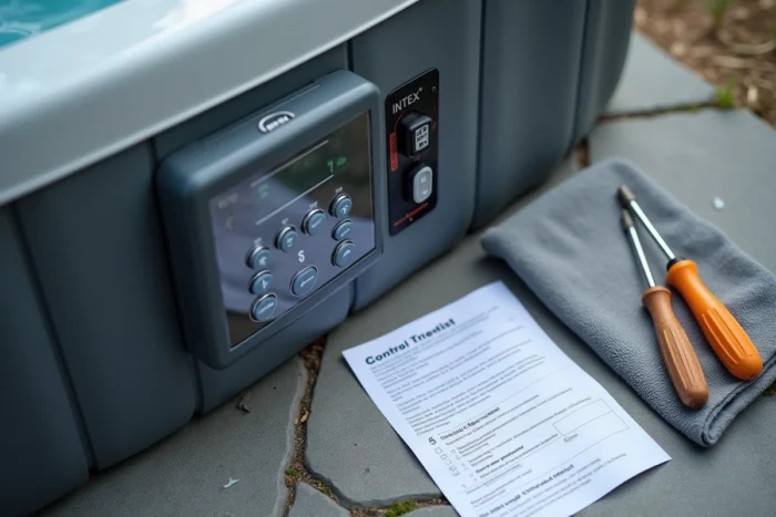 Vue rapprochée du module de chauffage d'un spa Intex avec des outils de réparation posés sur un patio en pierre