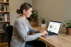 Femme naviguant facilement sur un site web depuis son bureau à domicile
