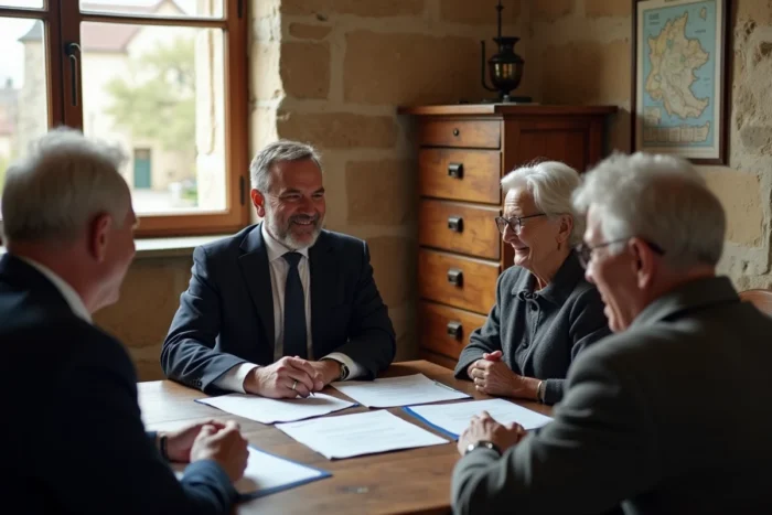 Notaire et couple de retraités signant des documents pour l'achat d'une maison dans un village rural