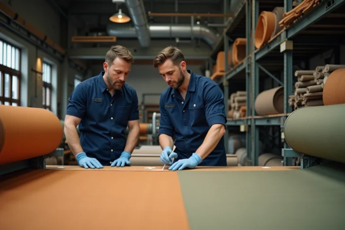 Deux ouvriers textiles mesurant et découpant des rouleaux de tissu sur une grande table de coupe industrielle