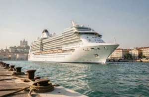 Paquebot Costa quittant le port de Marseille avec la basilique Notre-Dame de la Garde en arrière-plan