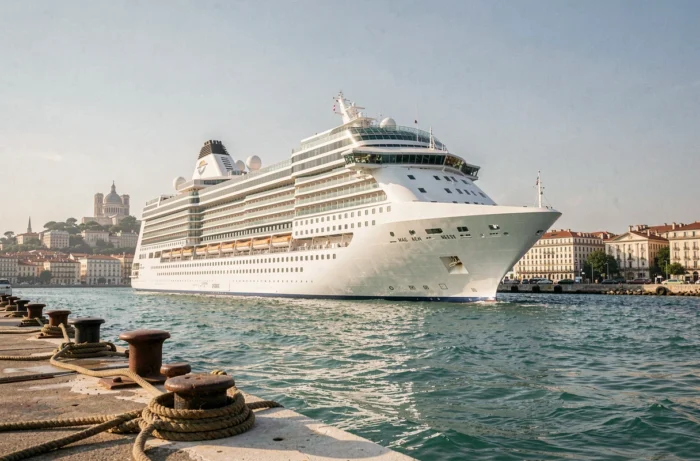 Paquebot Costa quittant le port de Marseille avec la basilique Notre-Dame de la Garde en arrière-plan