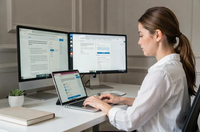 Jeune femme configurant son webmail acmontpellier sur iPhone à un bureau home office