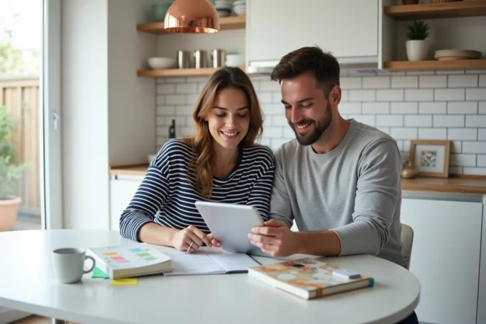 Deux parents consultant une tablette ensemble dans une cuisine moderne pour s'informer sur les tendances parentales actuelles