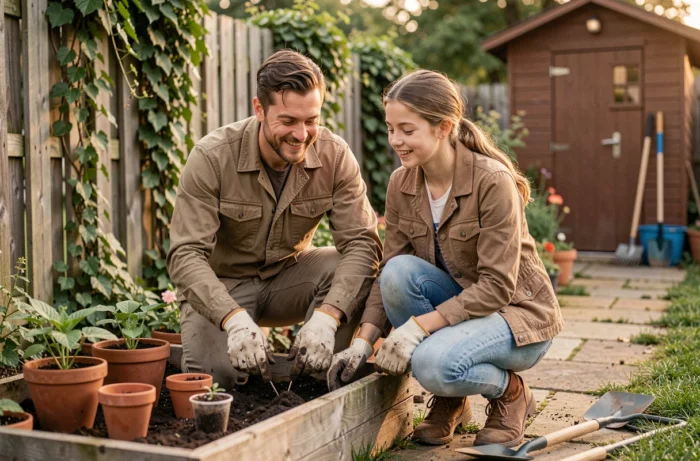 Père et fille adolescente jardinent ensemble dans un potager familial, activité complice en plein air