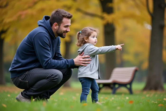Père et sa fille de cinq ans dans un parc urbain verdoyant, partageant un moment de découverte et de curiosité