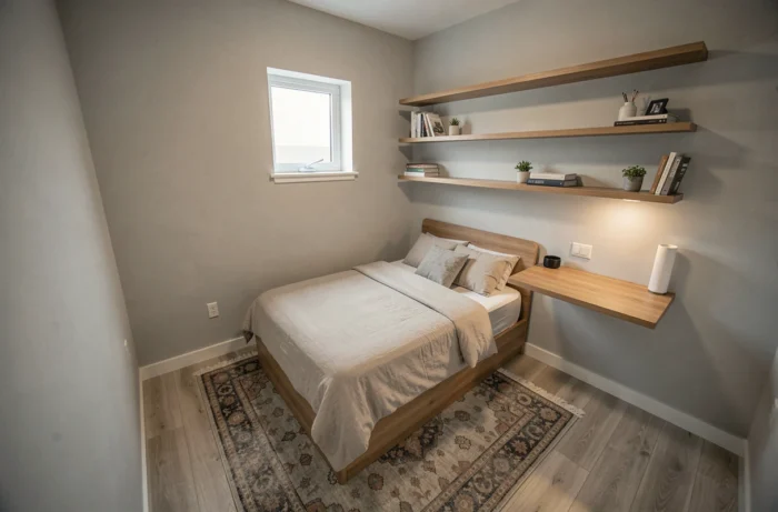 Petite chambre de 9 m² optimisée avec un lit simple, un bureau mural et des étagères pour illustrer les dimensions minimales d'une chambre fonctionnelle