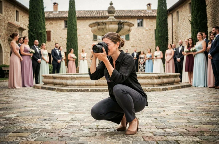 Photographe professionnelle de mariage en action capturant la cérémonie en extérieur dans un village provençal historique