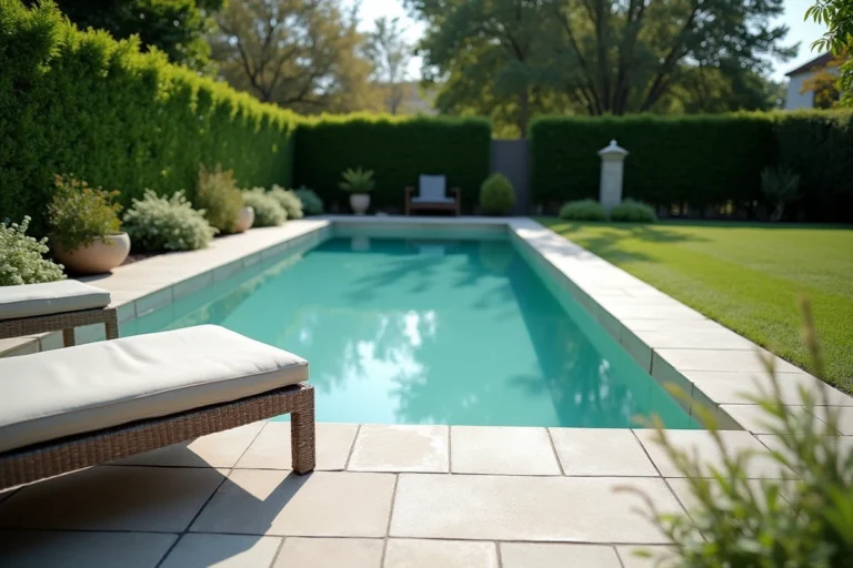 Piscine Desjoyaux rectangulaire enterrée avec margelles en travertin dans un jardin pavillonnaire français