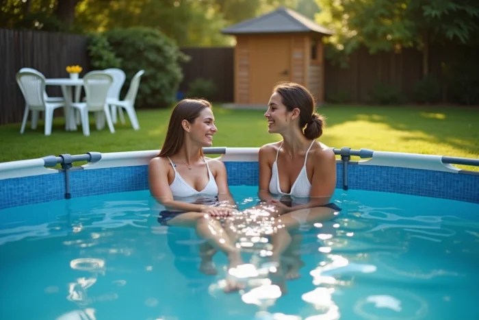 Piscine Intex 58983 Metal Frame remplie d'eau dans un jardin familial avec deux adultes profitant de la baignade