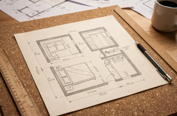 Plan de chambre dessiné à la main avec des mesures en centimètres et des flèches de dimensions illustrant les normes de taille d'une chambre à coucher