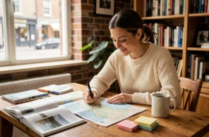 Femme planifiant un voyage à domicile avec cartes et guides de voyage sur une table en bois