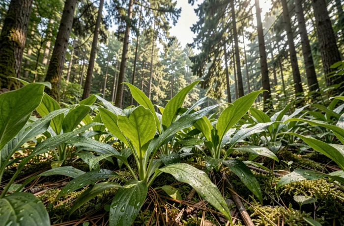 Feuilles de plantes couvertes de rosée matinale en sous-bois forestier illustrant le processus de photosynthèse et l'absorption du CO₂
