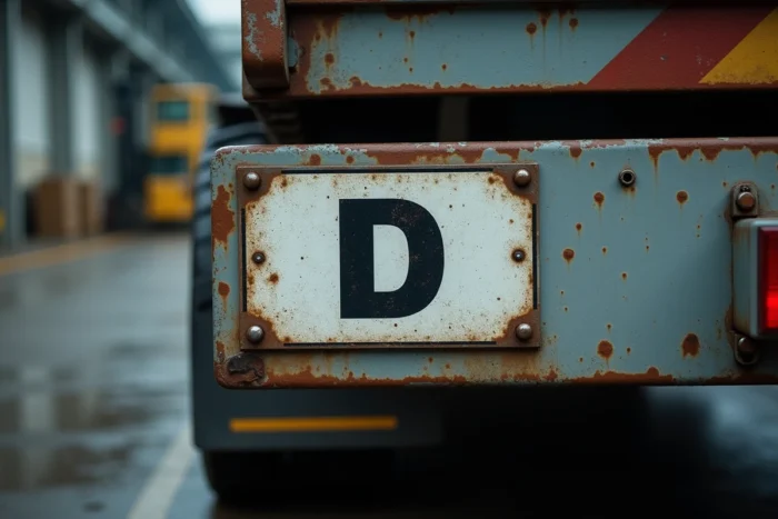 Gros plan sur la plaque réglementaire portant la lettre D apposée à l'arrière d'un camion de transport