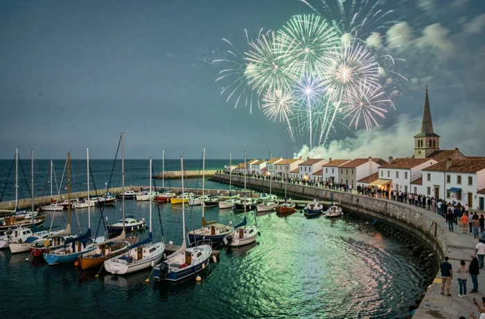 Vue panoramique du port de l'île d'Oléron pendant les feux d'artifice estivaux avec reflets dans l'eau du port