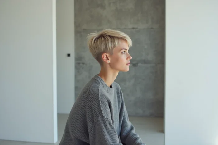 Portrait rapproché d'une femme avec une coupe cuenta mulet volumineuse et géométrique en studio minimaliste
