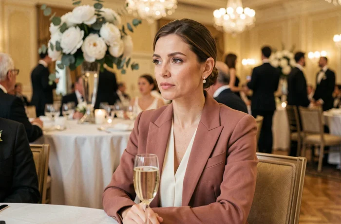 Portrait éditorial d'une femme élégante lors d'un banquet de mariage dans un hôtel de luxe, ambiance raffinée et feutrée