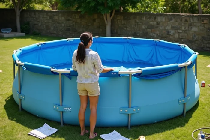Femme installant le liner bleu de la piscine Intex Metal Frame 58983 dans un jardin ensoleillé