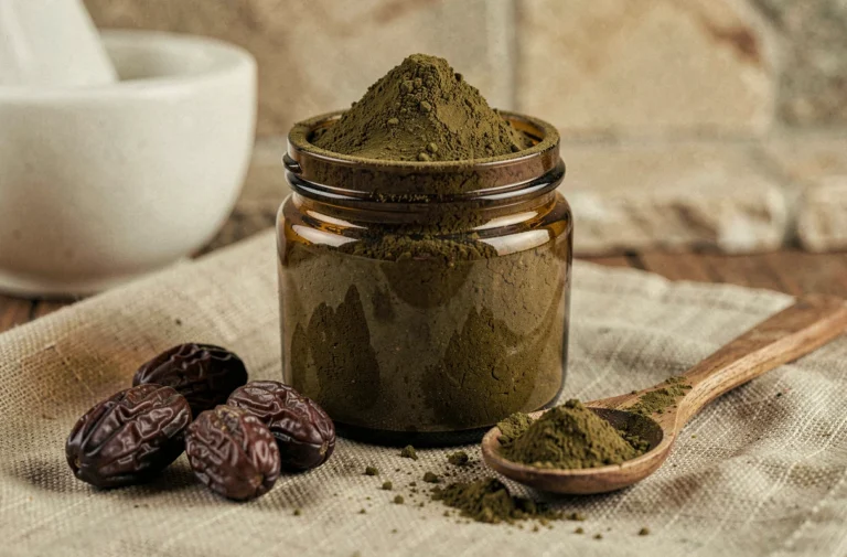 Poudre d'haritaki dans un bocal en verre ambré avec fruits séchés sur une surface en bois naturel