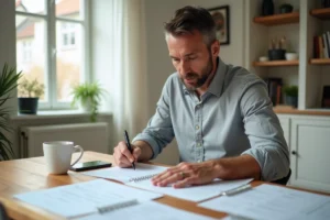 Propriétaire masculin consultant des documents de conformité immobilière sur une table en bois dans un intérieur résidentiel moderne