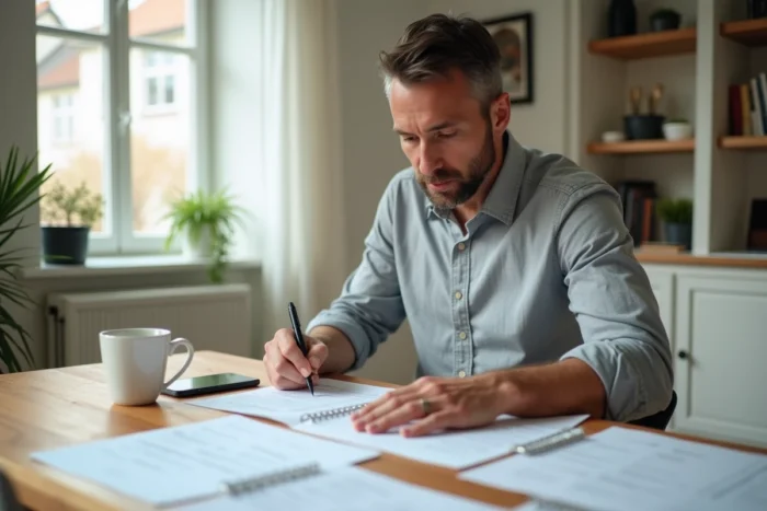 Propriétaire masculin consultant des documents de conformité immobilière sur une table en bois dans un intérieur résidentiel moderne