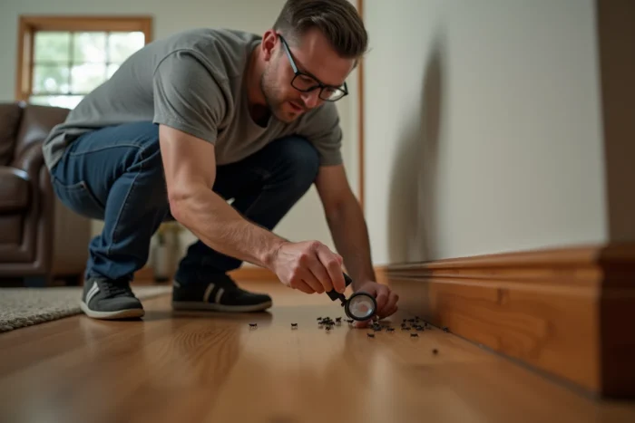 Propriétaire examinant des insectes ailés près d'une plinthe en bois à l'intérieur d'une maison, tenant une loupe pour identifier fourmis volantes ou termites